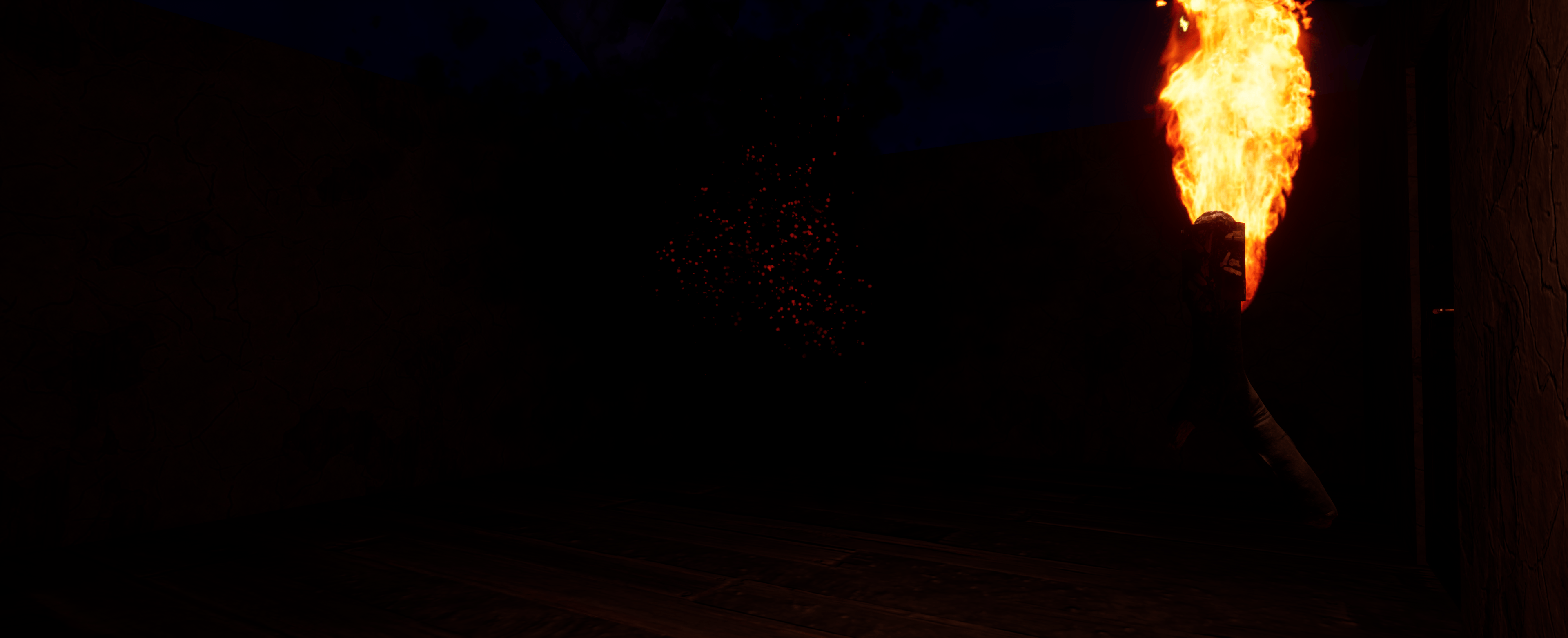 Dark eerie monster alerted to player, room illuminated by torchlight