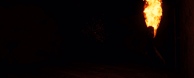 Dark eerie monster alerted to player, room illuminated by torchlight