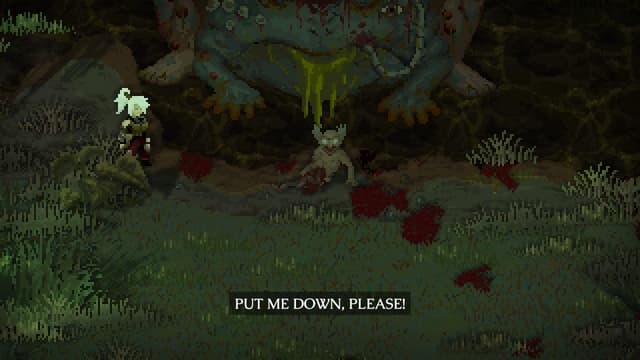 Striver looking at a severed man who says "PUT ME DOWN, PLEASE"