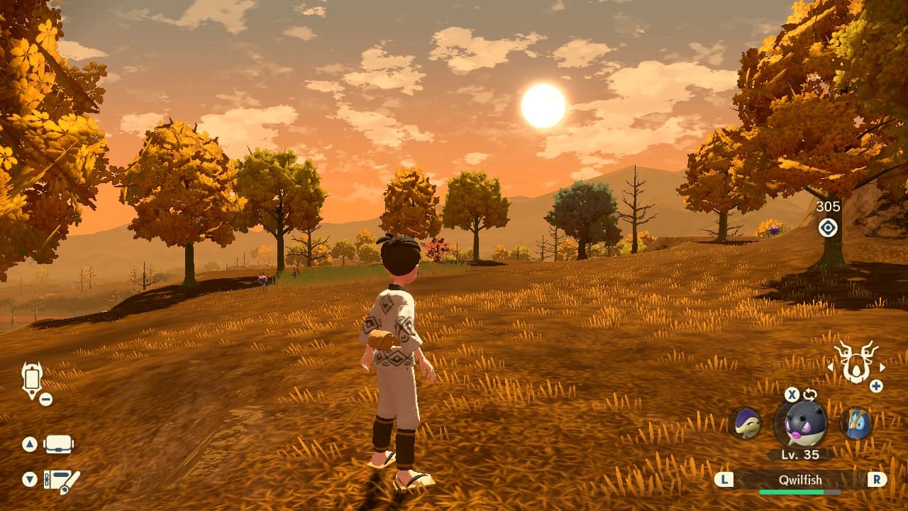 Protagonist overlooking the dried land toward a setting sun.