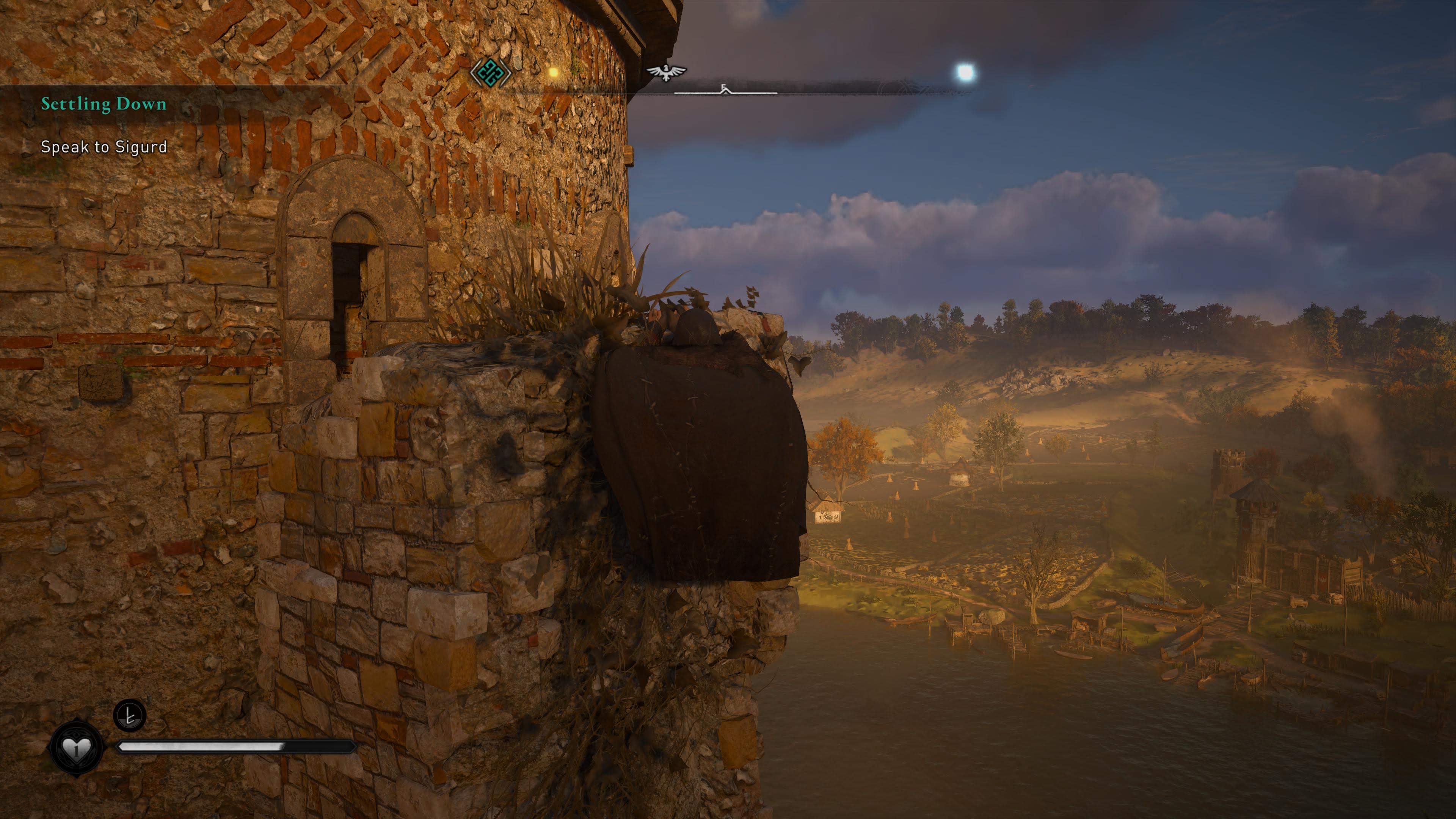 Eivor hanging off a tower ledge.