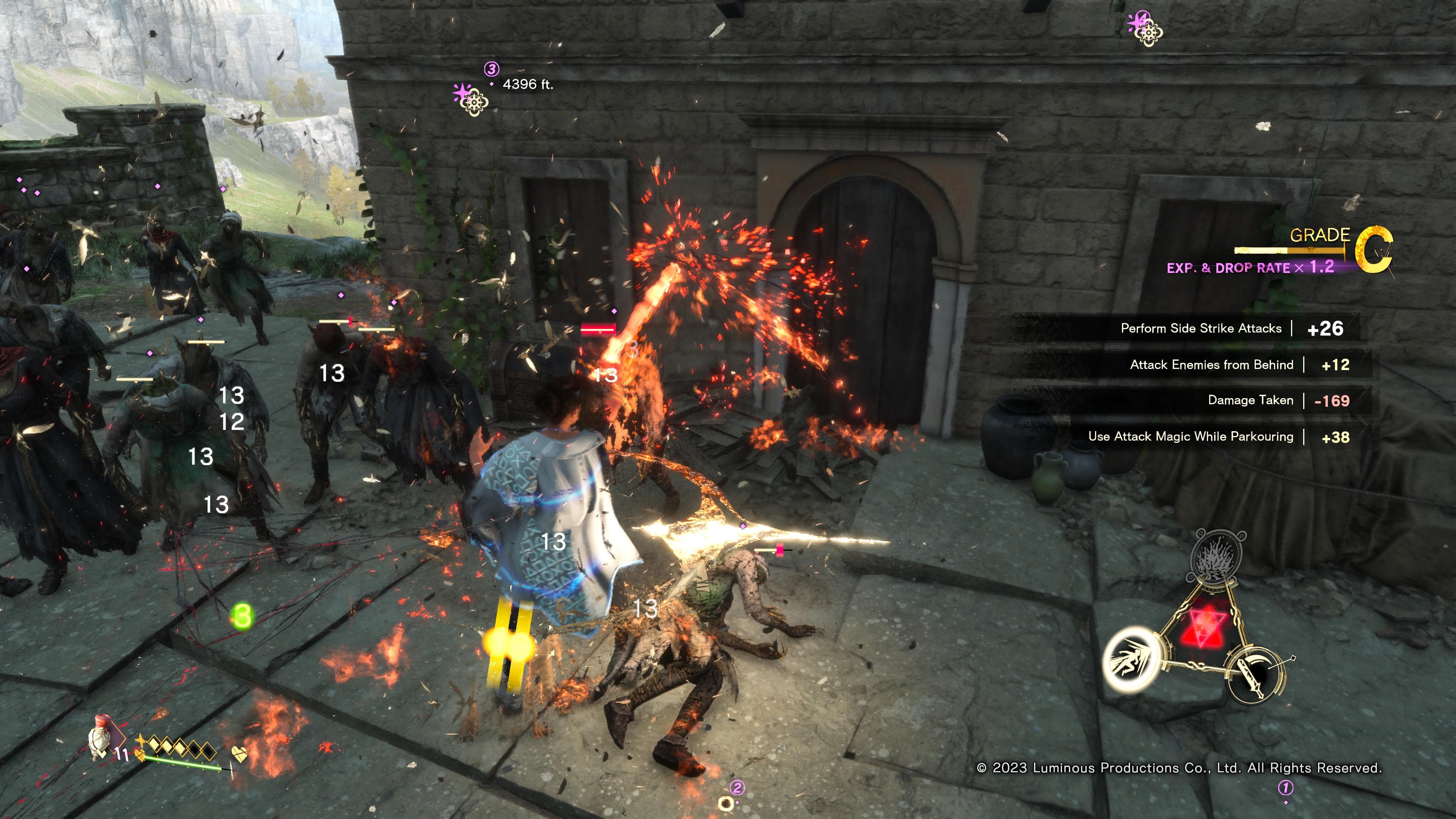 Frey in the midst of combat surrounded by enemies and fighting back