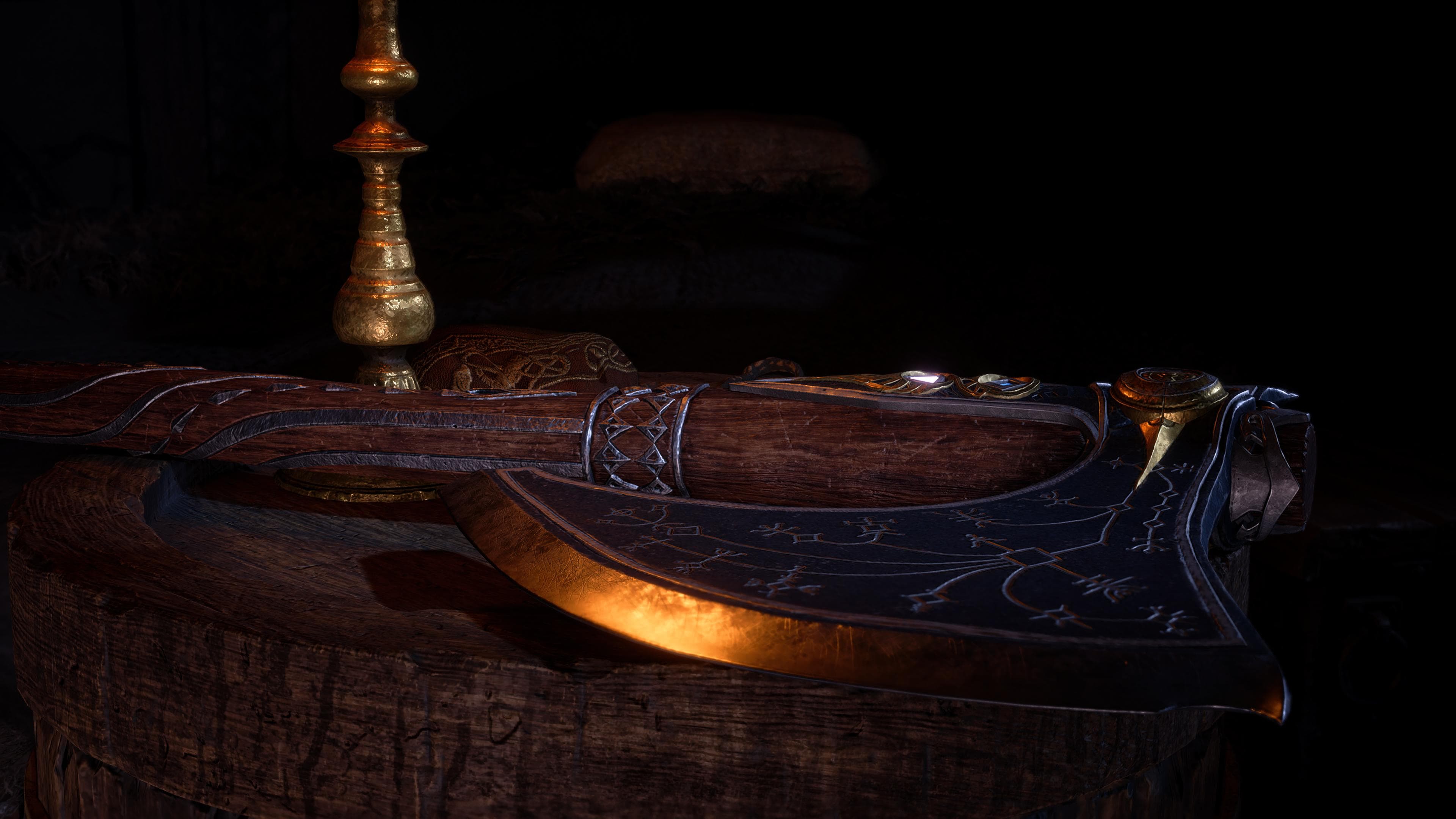 Kratos’ axe sits dramatically at his bedside