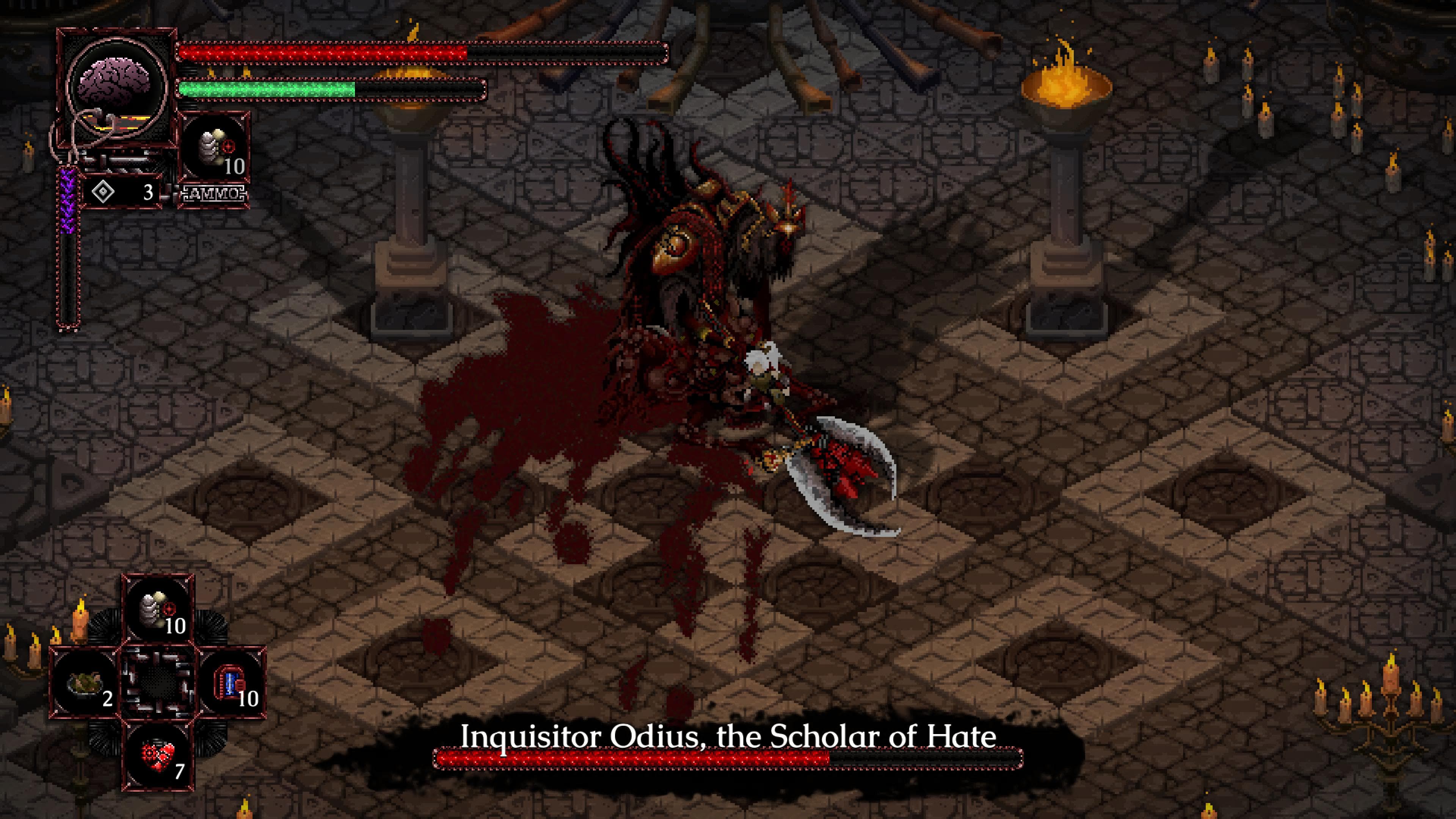 Striver in heated combat with boss Inquisitor Odius