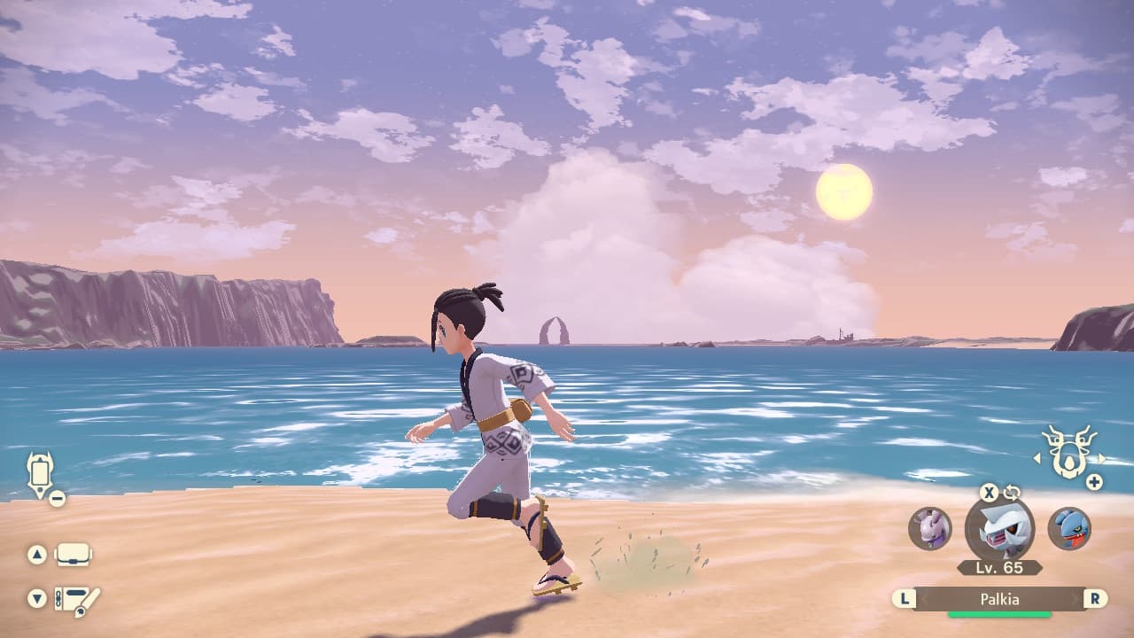 Protagonist running across a sunny beach.