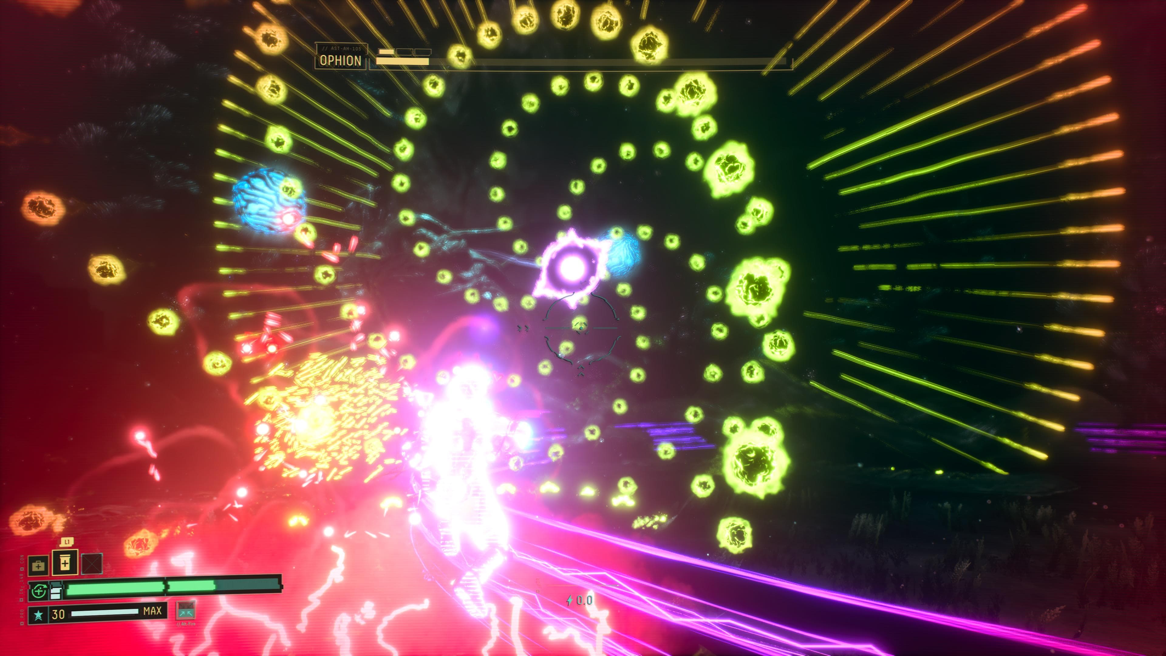 Selene surrounded by bullets while fighting Ophion boss