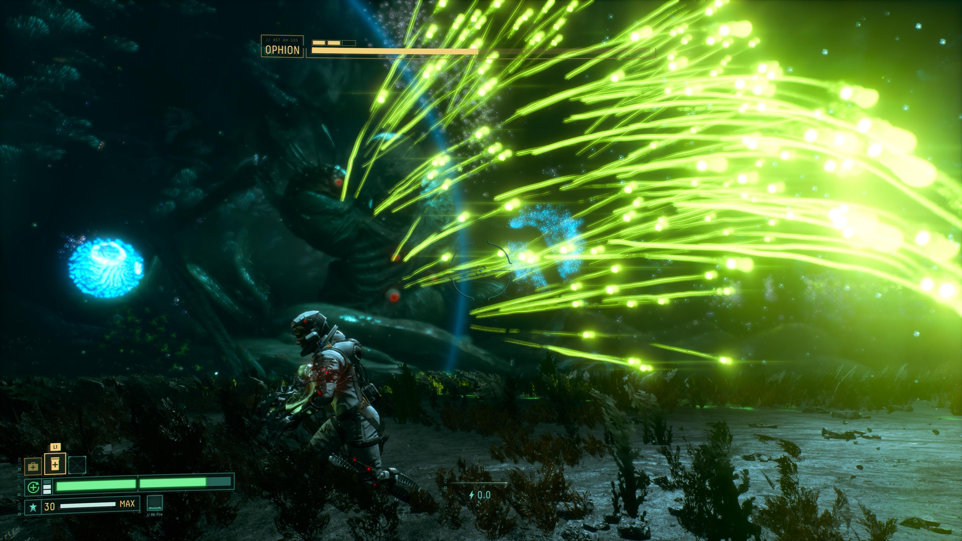 Selene evading bullets while fighting Ophion boss