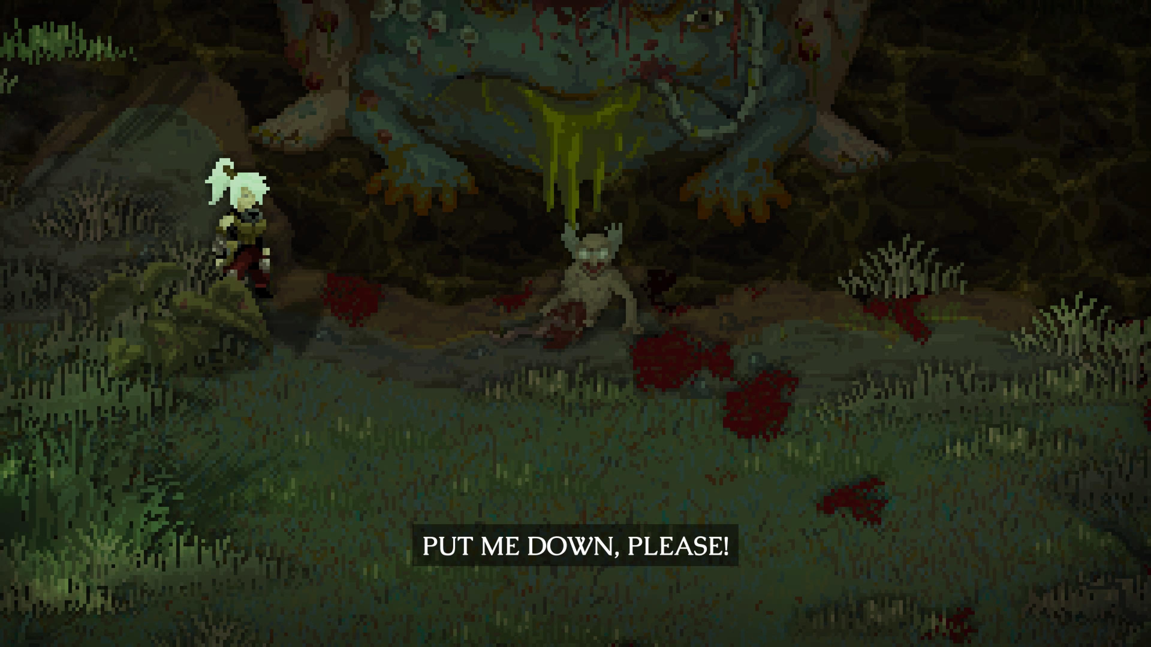 Striver looking at a severed man who says "PUT ME DOWN, PLEASE"